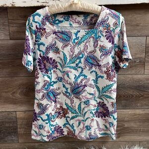 CORAL BAY Women’s Floral Short Sleeve Top Square Neckline Cottagecore Petite SM